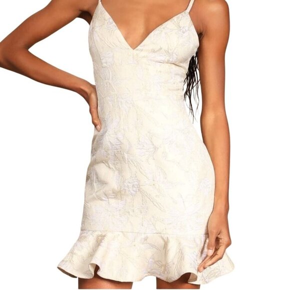 Lulus NWT Guilded Lily Cream Floral Jacquard Ruffled Trumpet Mini Dress Size M - Picture 5 of 13
